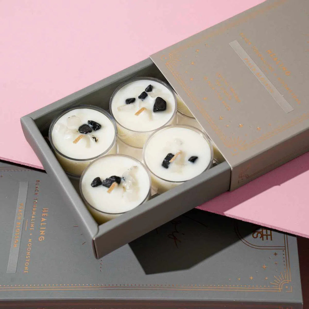 Lois | Peach Blossom Soy Tealight Box of 10-Crystal Infused Tea Lights-ThreeSuns